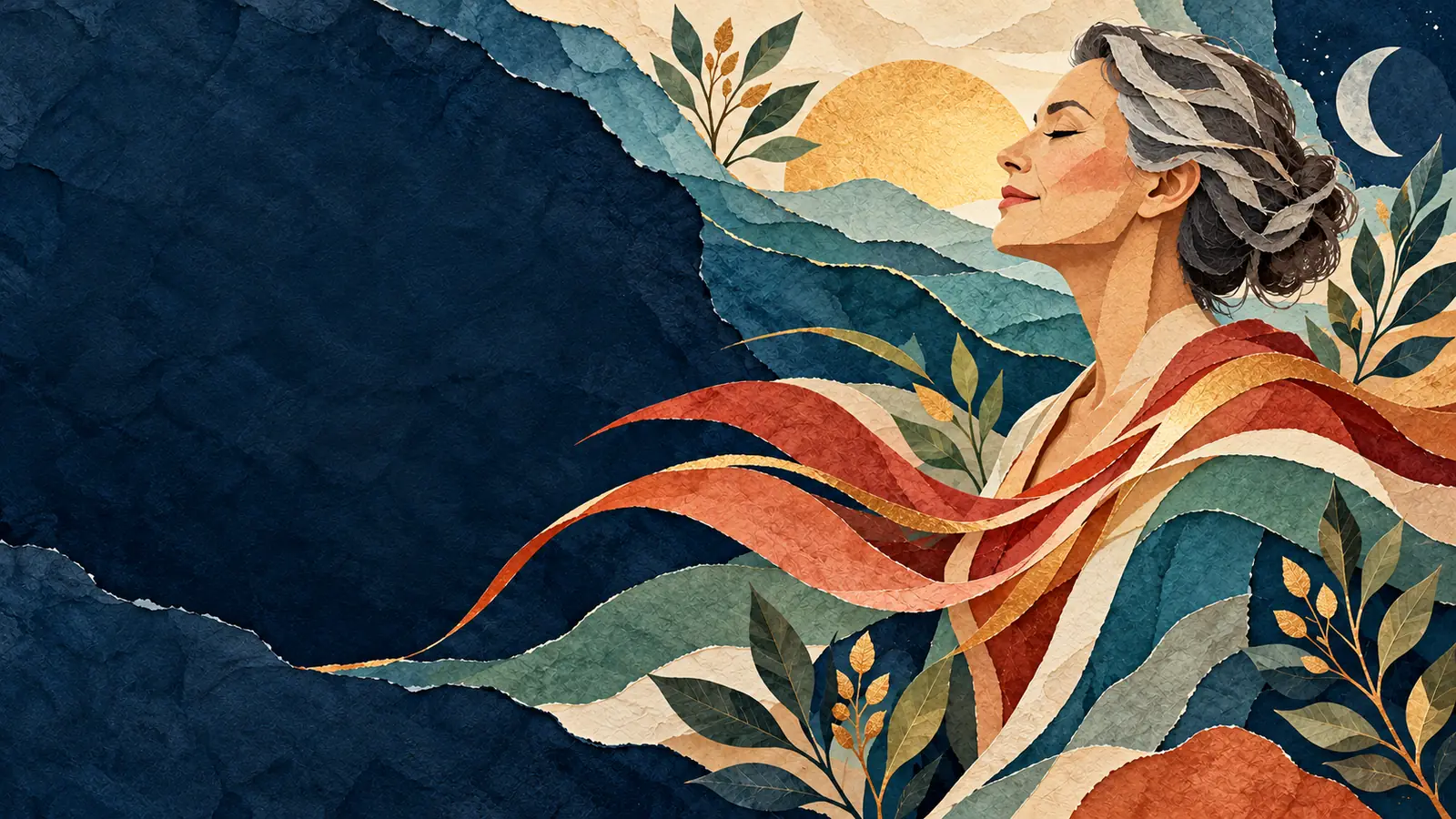 Layered paper illustration of a midlife woman surrounded by flowing rust, teal, and gold forms suggesting circulation and change